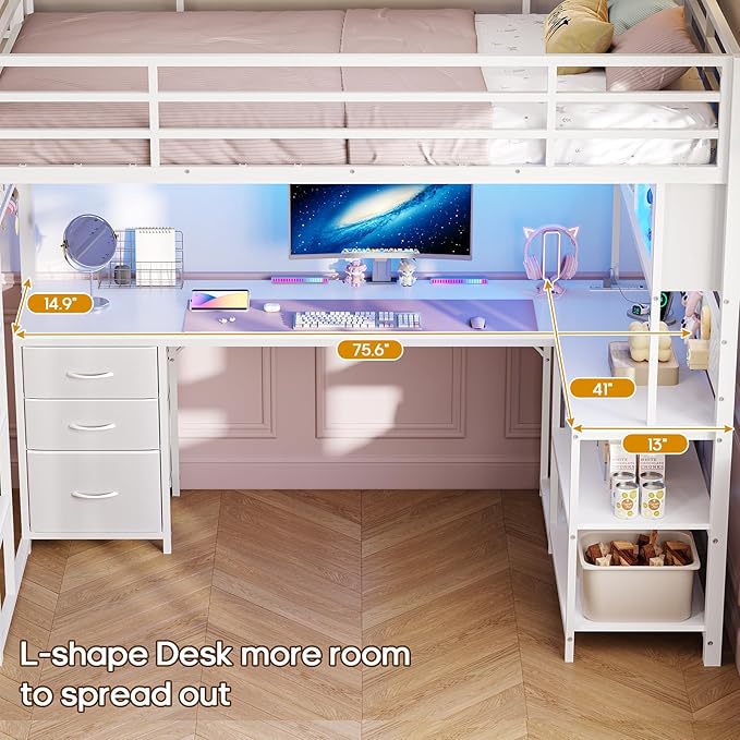 ADORNEVE Gaming Loft Bed Twin Size with L-Shaped Desk, Storage Drawers & RGB Arcylic Hutch, Expanded Safety Power Outlet, Metal LED Loft Bed Frame with Wide Ladder, for Teen Girls, White