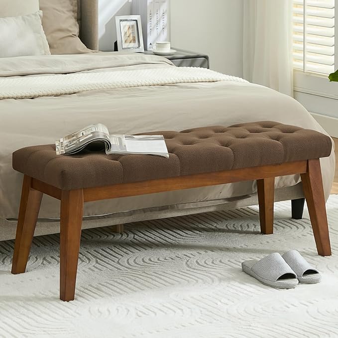 WUTUTUEE 43.5'' Linen Bedroom Bench, Upholstered End of Bed Bench with Tufted Button, Padded Vintage Dining Bench, Entryway Bench with Solid Wood Legs, Kitchen, Living Room, Hallway, Brown Tufted