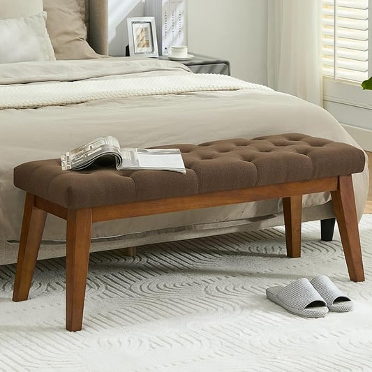WUTUTUEE 43.5'' Linen Bedroom Bench, Upholstered End of Bed Bench with Tufted Button, Padded Vintage Dining Bench, Entryway Bench with Solid Wood Legs, Kitchen, Living Room, Hallway, Brown Tufted