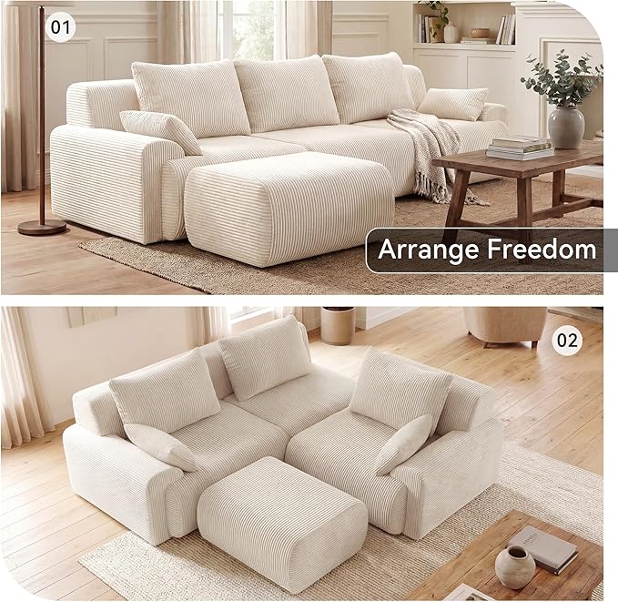 GRUSIGN 118'' Sectional Boneless Oversize Modular Couches, Curved Cloud Sectional Couches for Living Room,Rounded Corner Design L Shape Deep Seat Family Sofa with Ottoman & 3 Throw Pillows, Beige