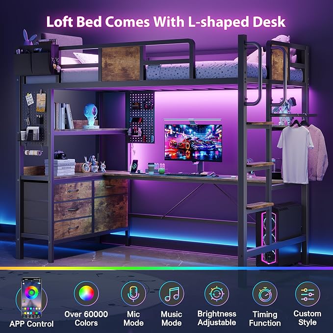 Dnxao Loft Bed Twin Size with L-Shaped Desk and 5 Storage Drawers, LED Metal Twin Loft Bed for Teens & Adults, Space-Saving Workstation with Charging Station for Small Bedroom & Dorm, Rustic Brown