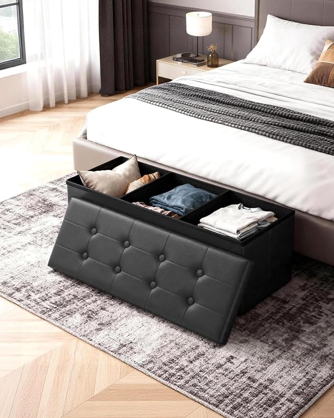 LITZFUR 43 Inches Folding Storage Ottoman Bench, PU Leather Storage Chest, Footrest Padded Seat for Bedroom and Hallway, Holds up to 660 lbs, Black