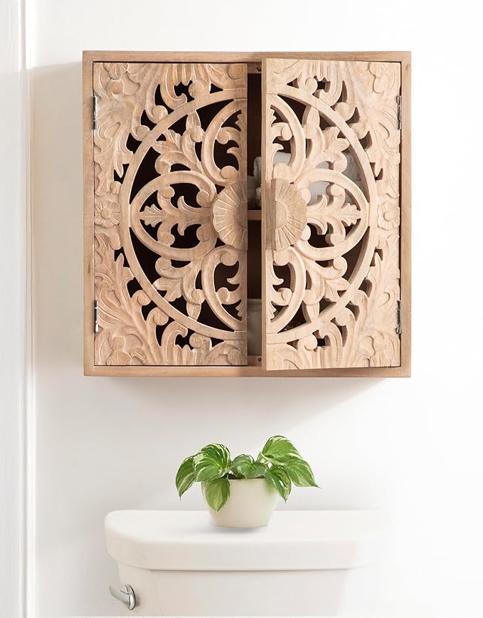 Kate and Laurel Saanvi Traditional Carved Wood Wall Cabinet; 20 x 6 x 20; Light Natural; Dimensional Over the Toilet Storage Cabinet for Bathroom Storage and Display