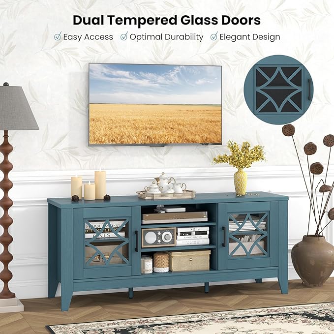 Giantex Farmhouse TV Stand for TVs up to 65", Entertainment Center with 4 Adjustable Storage Shelves & Tempered Glass Doors, Modern TV Console Table for Bedroom, Living Room (Teal Blue)