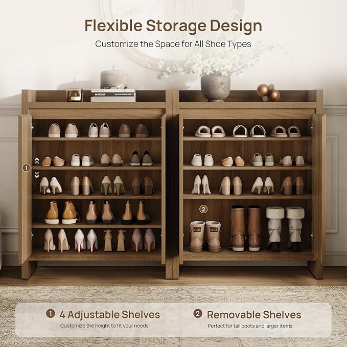 SICOTAS Shoe Cabinet - Fluted Shoe Storage Cabinet for Entryway, 48-Pair Shoes Organizer with Doors & Adjustable Shelves, 2 Pieces Large Shoes Rack Entrance Storage Cabinet for Hallway, Living Room