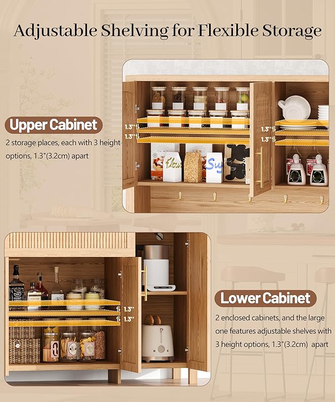 Fluted Kitchen Pantry Storage Cabinet with Charging Station, Coffee Bar Cabinet with Drawer & Adjustble Shelves, Tall Kitchen Hutch Cabinet with Microwave Stand, for Dining Room, Natural Oak