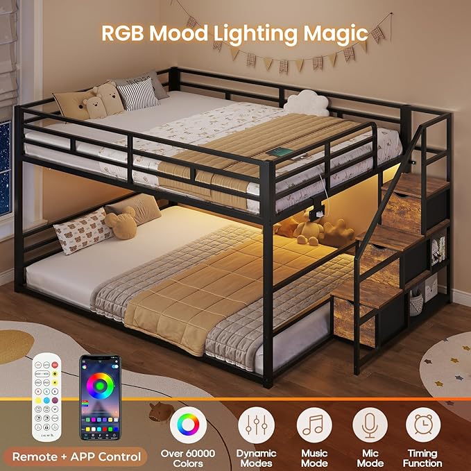 ADORNEVE Low Bunk Bed Full Over Full with Stairs, 3 Storage Drawers & Power Outlet, Full Size Metal Floor Bunk with RGB Lights & Shelves, Space-Saving Kids Bed, Black & Brown