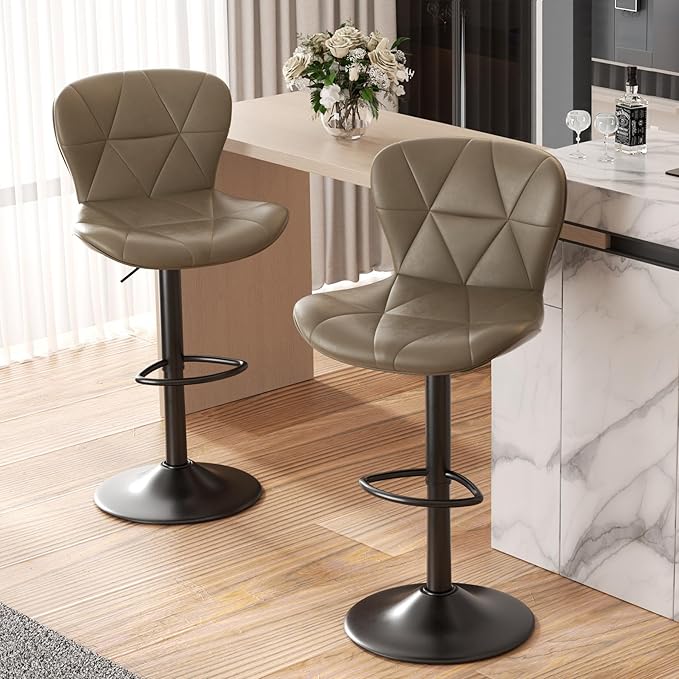 Nalupatio Modern Bar Stools Set of 2, Adjustable Faux Leather Upholstered Swivel Bar Stools, Counter Height Bar Chairs with Back for Kitchen Island, Dark Khaki