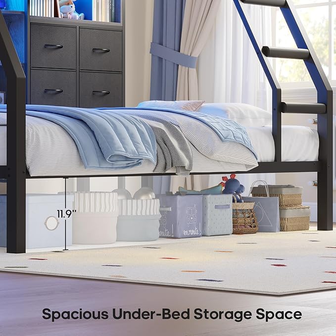 BTHFST Bunk Bed Twin Over Twin with 4 Storage Drawers & Shelves & Bedside Caddy, Twin Bunk Beds with Charging Station & LED Lights, Metal Loft Bed with Safety Guardrail & Angled Ladder, Black & Grey