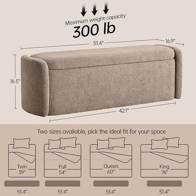 VKNOW 51" Storage Ottoman Bench, Upholstered End of Bed Bench with Smooth Hinges, Oval Large Ottoman Bench for Bedroom, Living Room and Hallway Entryway, Brown