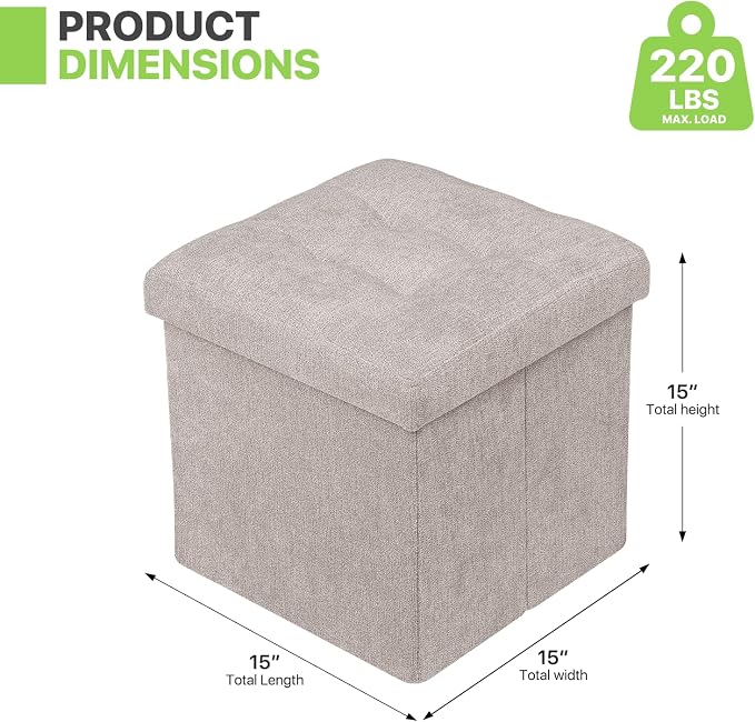 Magshion Folding Storage Ottoman Cube, 15 Inches Small Foot Rest Stool, Square Ottoman with Storage for Bedroom, Living Room, Dorm, Beige