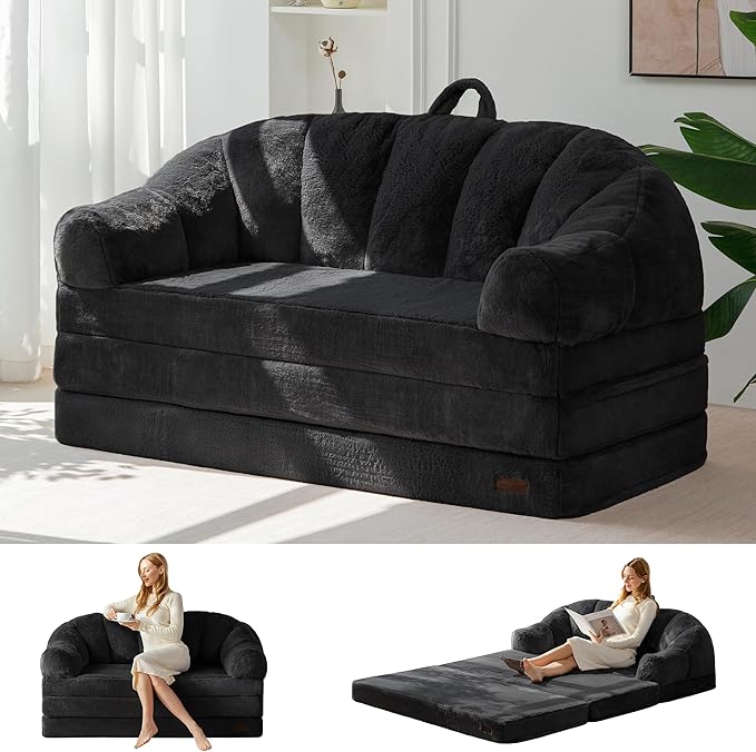 MAXYOYO Folding Sofa Bed, 2 in 1 Convertible Sofa to Lounger Comfy Loveseat Bean Bag Chair for Adults, Floor Sleeper Couch with Handle, Faux Fur Couch Bed for Living Room Bedroom, Black, Loveseat