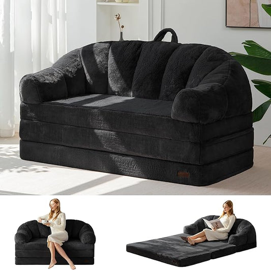 MAXYOYO Folding Sofa Bed, 2 in 1 Convertible Sofa to Lounger Comfy Loveseat Bean Bag Chair for Adults, Floor Sleeper Couch with Handle, Faux Fur Couch Bed for Living Room Bedroom, Black, Loveseat