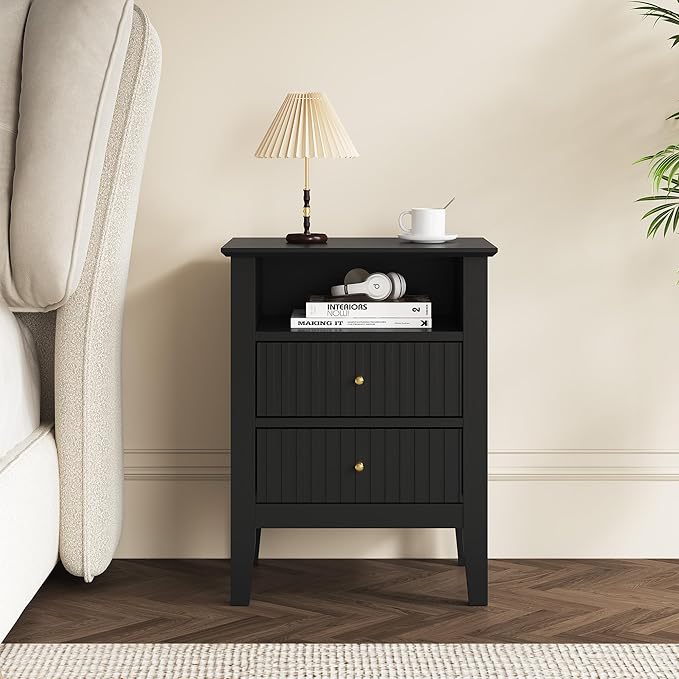 RoyalCraft Black Fluted Nightstand with 2 Drawers, Colorful Nightstand for Bedroom, Modern Wooden End Table with Storage for Small Spaces, Tall Side Sofa Table for Couch, Home Office