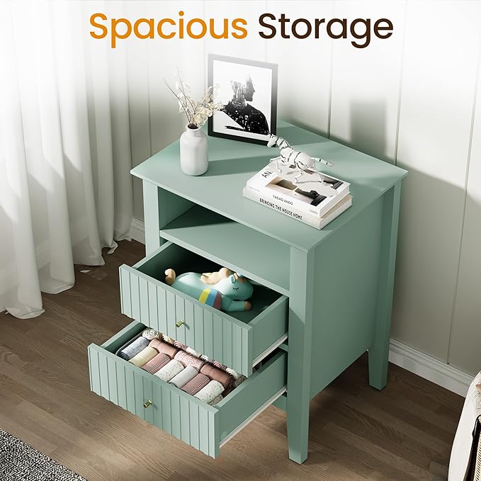 RoyalCraft Fluted Nightstand with 2 Drawers, Colorful Nightstand for Bedroom, Modern Wooden End Table with Storage for Small Spaces, Tall Side Sofa Table for Couch, Home Office, Milky Green
