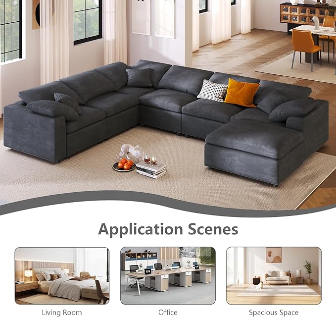 Oversized Modular Sectional Sofa Couch, Large 7 Seater Corner Sofa Modern U Shaped Sectional Couch with Ottoman Cloud Couches for Living Room, Office, Spacious Space, Gray