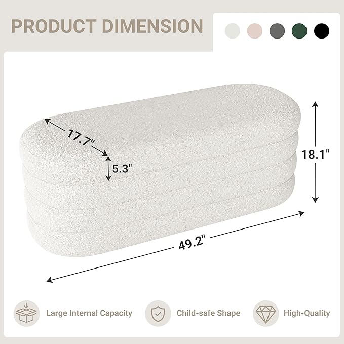 Busaurus Storage Ottoman Bench 49.2 Inch Upholstered Fabric Storage Bench for Bedroom End of Bed Aesthetic Large Oval Ottoman for Living Room Entryway (Ivory)