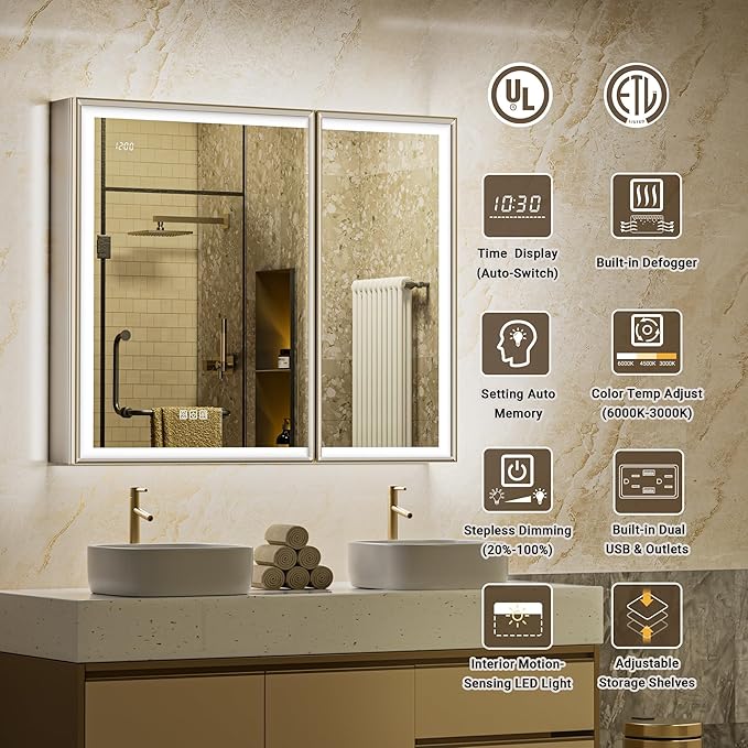 40x30 Lighted Medicine Cabinet with Mirror, Beveled Brushed Nickel Framed Surface or Recessed Fogless Dimmable LED Medicine Cabinet with Outlet, Time Display and Sensor Inner Light