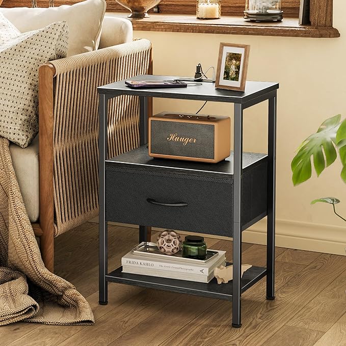 SUPERJARE Nightstand with Charging Station, Bed Side Table with Adjustable Fabric Drawer, Night Stand for Bedroom, 3-Tier Storage End Table, for Living Room, Black