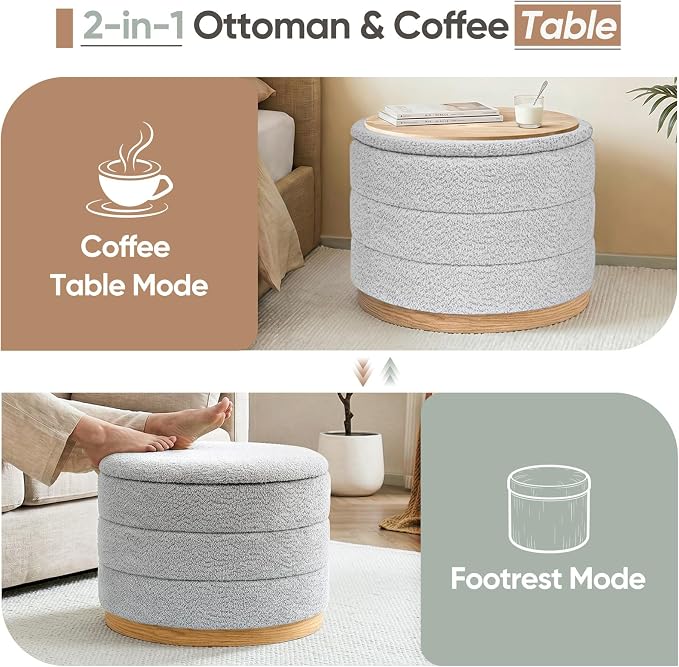 Round Storage Ottoman with Tray Lid, Folding Chenille Fabric Footrest with Hidden Storage, 22.8" Large Footstool Side Table for Dorm Living Room Bedroom, Wood Grain Base, Sliver Grey