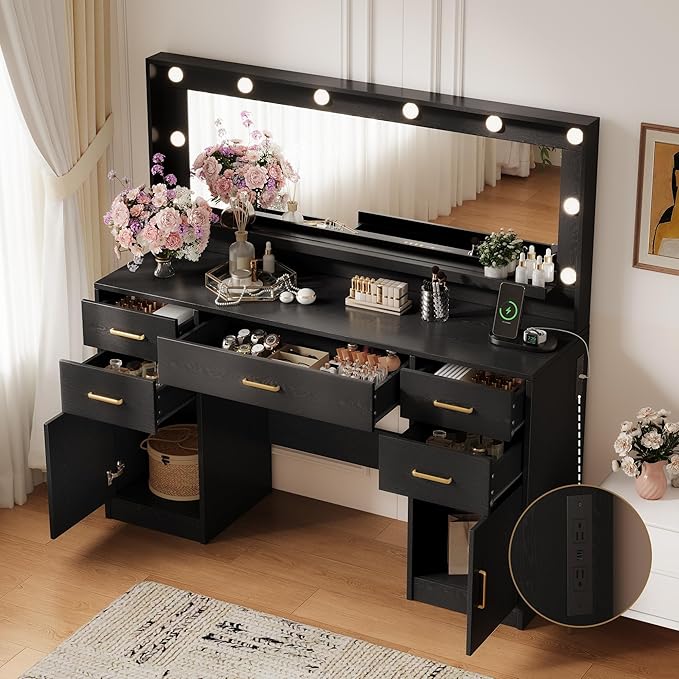 TOKSOM 44.8" Large Vanity Desk with Lighted Mirror & Power Outlet, Black Makeup Vanity Desk with Mirror and Lights, Black Vanity Table with 5 Drawers and 2 Cabinets, Dressing Table for Bedroom
