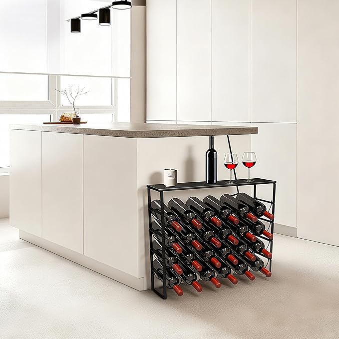 TONLEA 4 Tier Wine Rack - 3-in-1, Stackable, 24-Bottle Wine Storage Rack with Wood Top for Cabinet or Pantry (Dark Black, Version 3.0)