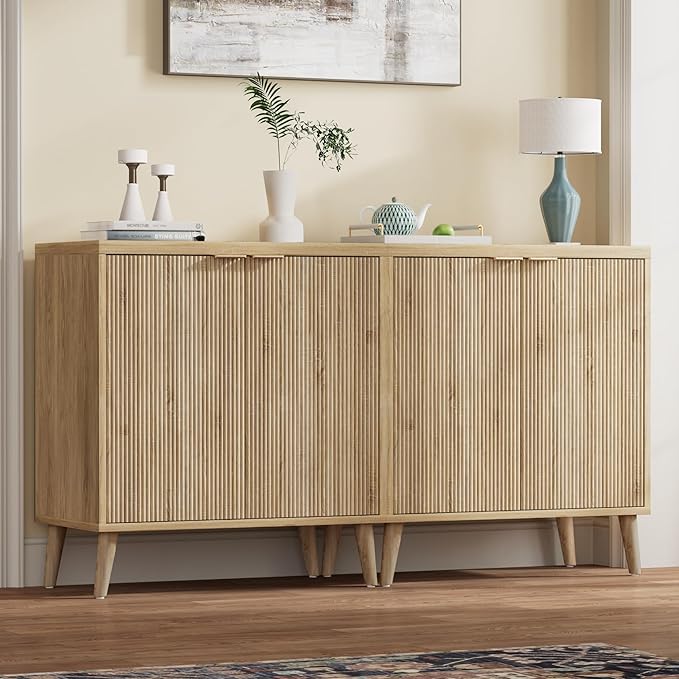 Homleke Buffet Cabinet with Storage, Modern Fluted Accent Sideboard with Doors & Adjustable Shelf, Buffet Table Entryway Cabinets for Living Room, Kitchen, Dining Room, Hallway, Natural