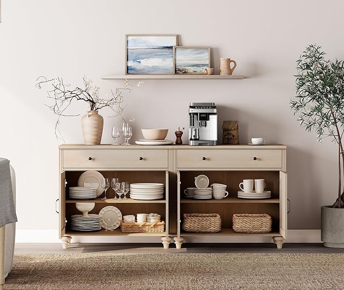 WAMPAT Buffet Cabinet with 8 Doors and 4 Drawers, Large Coffee Bar Table Wood Kitchen Storage Cabinets with Storage, Modern Farmhouse Sideboard Credenza for Dining Room, Beige, 136 inch