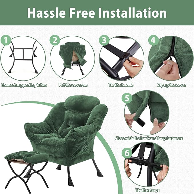 Youtanic Lazy Chair with Folding Ottoman, Accent Chair Plush Upholstered with Metal Structure and Non-Slip Pads, Sofa Armchair with Footrest and Side Storage Bag for Dorm, Room, Office, Green