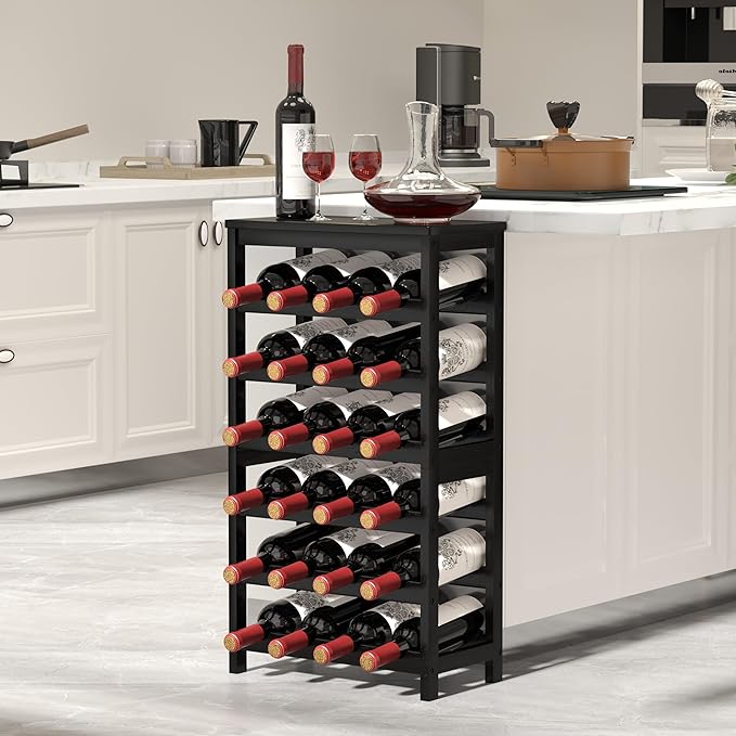 MOGELAFOO 6 Tier Bamboo Wine Rack Freestanding Floor, 24 Bottles Wine Storage Shelves with Table Top, Stackable Wine Display Rack for Kitchen, Bar, Dining Room, Black