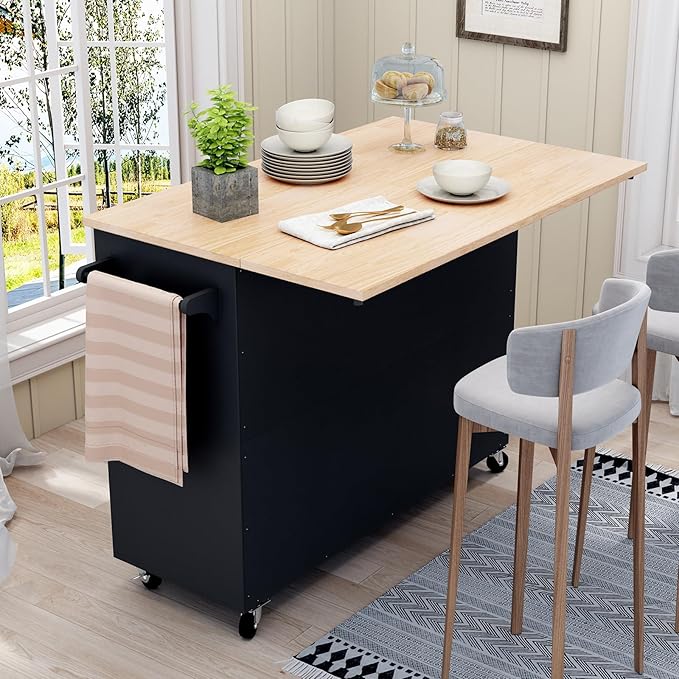 HLR Kitchen Island with Storage, Black Rolling Kitchen Island on Wheels with Drop-Leaf Bar Countertop, Island Table for Kitchen with Side Open Spice Rack and Tower Rack, Extra Storage for Kitchen