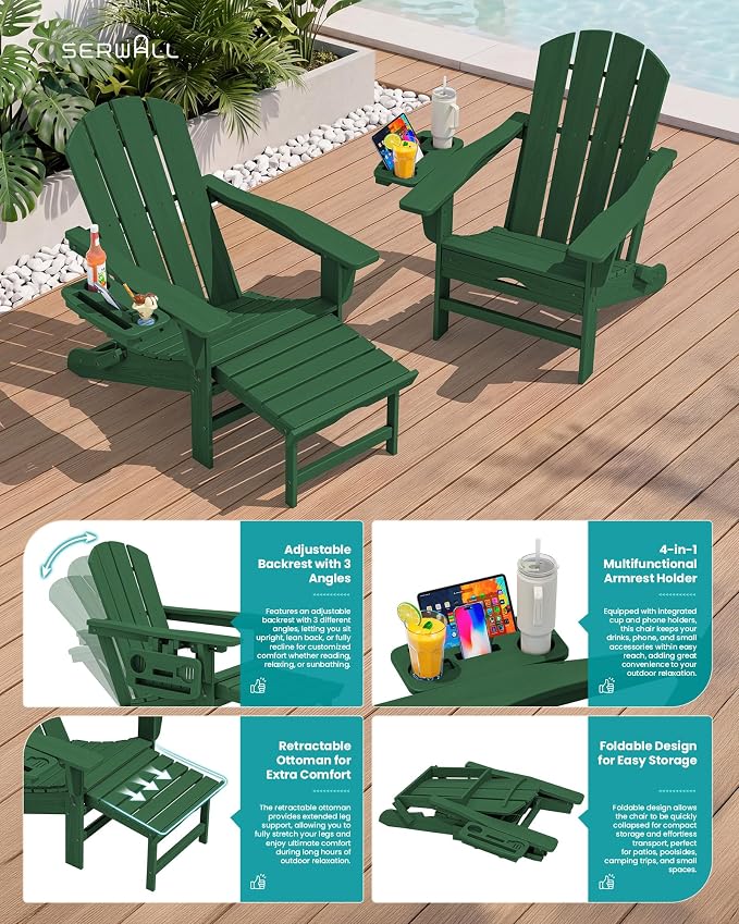 SERWALL Folding Adjustable Adirondack Chairs with Footrest Set of 2, HDPE Outdoor Chair with 4-in-1 Cup Holders, All Weather Adirondack Chair with Ottoman, Green