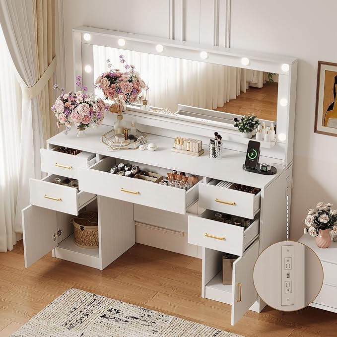 TOKSOM Large Vanity Desk with Lighted Mirror & Power Outlet, White Makeup Vanity Desk with Mirror and Lights, White Vanity Table with 5 Drawers and 2 Cabinets, Dressing Table for Bedroom 44.8 inch