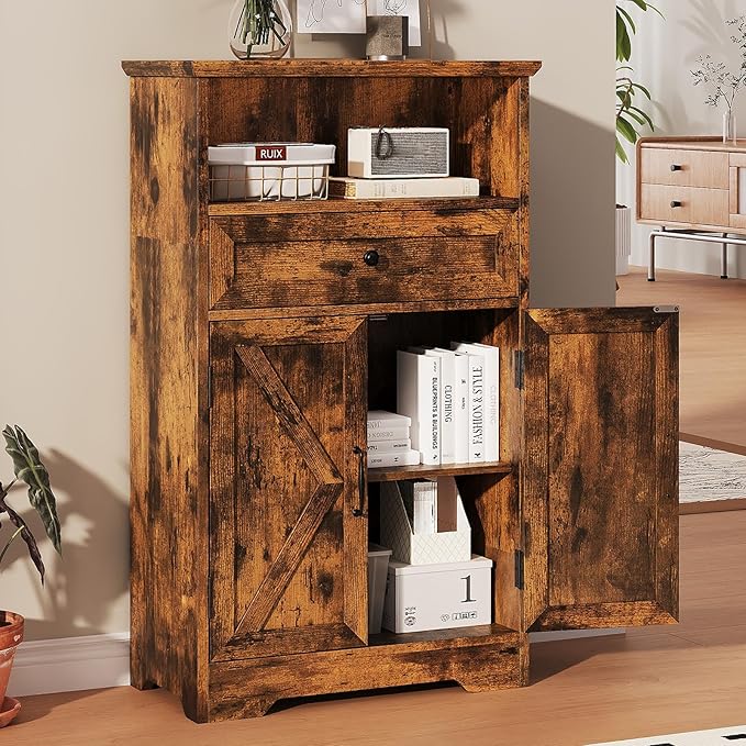 Floor Cabinet, Farmhouse Storage Cabinet with Barn Doors and Drawer, Freestanding Adjustable Shelf Organizer for Bathroom, Kitchen, Living Room Rustic Brown