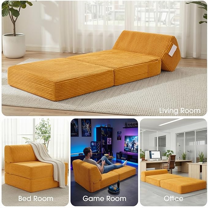Kasunpul Folding Sofa Bed with Pillow, Memory Foam Fold Out Chair Bed, Convertible Sleeper Chair with Washable Cover, Futon Floor Couch for Living Room/Dorm/Guest Use/Home Office/Apartment,Orange