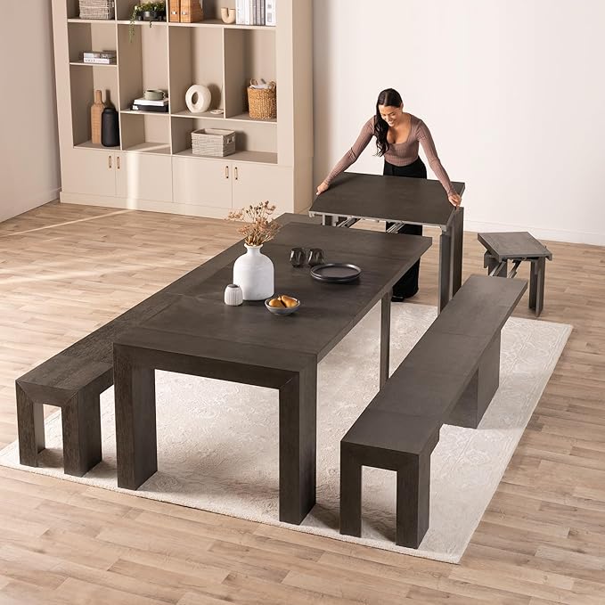 Transformer Table - Solid Wood Extendable Dining Table, Seats 2-12, Expandable Dining Room Table, Space-Saving Furniture, Kitchen and Dining Room Furniture (Dark Grey, Table + 2 Benches)