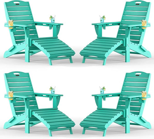 Adjustable Adirondack Chairs Set of 4 with Retractable Ottoman, HDPE Folding Adirondack Chair with Cup Holders, Weather Resistant for Backyard, Poolside & Fire Pit (Lake Blue)