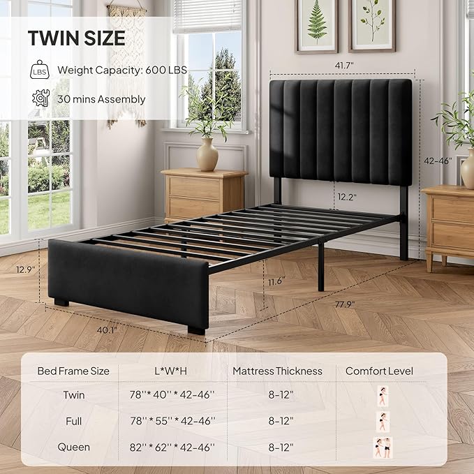 Welzona Kids Twin Upholstered Bed Frame with Headboard, Velvet Upholstered Metal Platform Bed Frame with Vertical Tufted Headboard, 3-Level Height, Metal Slat Support, Noise-Free Easy Assembly, Black
