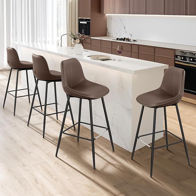 VASAGLE Bar Stools Set of 4, Bar Height Bar Stools with Back, Ergonomic Backrest, Synthetic Leather, Metal Legs, 28.5-Inch Tall Barstools for Kitchen Island Home Bar, Easy Assembly, Coffee Brown