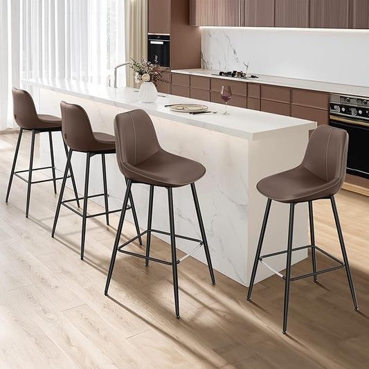 VASAGLE Bar Stools Set of 4, Bar Height Bar Stools with Back, Ergonomic Backrest, Synthetic Leather, Metal Legs, 28.5-Inch Tall Barstools for Kitchen Island Home Bar, Easy Assembly, Coffee Brown
