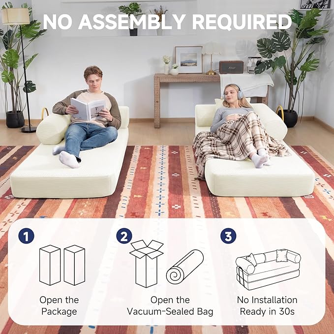 79" Boneless Couches for Living Room, Corduroy Sofa Bed with 2 Pillows,Side Pockets,Hex Arm, 5-in-1 Loveseat Sleeper Sofa for Small Spaces, High-Density Foam Couch, No Assembly, White