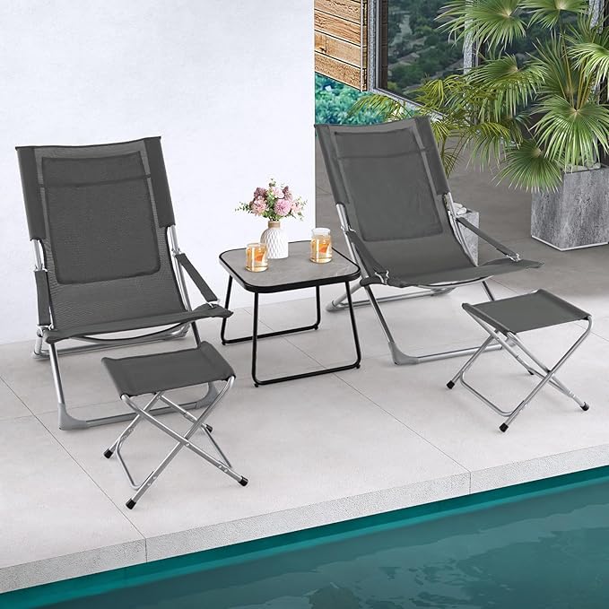 Giantex 5-Piece Patio Bistro Set, Folding Lounge Chairs with Footrest Stool & Side Table, Removable Cushion, Headrest, Armrest, Outdoor Conversation Furniture for Porch Balcony Yard Pool