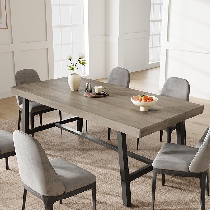 GarveeHome Industrial Dining Table for 6-8 People, 70.87" Long Large Kitchen Table with Sturdy Metal Frame, Rectangular Counter for Dinner, Kitchen, Dining Room (Grey, 71" Non-extendable)