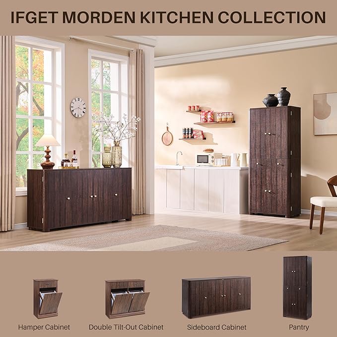 IFGET Curved Buffet Cabinet with Doors, 66" Large Sideboard Buffet Storage Cabinet with 4 Doors and Shleves, Modern Coffee Bar Station Wood Kitchen Table for Kitchen, Dining Room, Borwn