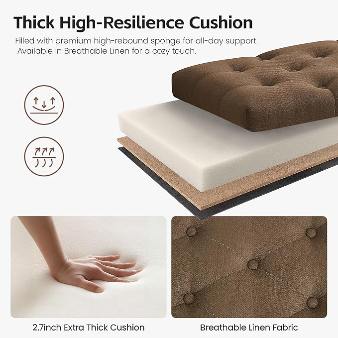 43.5" Upholstered Bedroom Bench, Linen Entryway Bench with Solid Wood Legs, End of Bed Bench with Cushion, Tufted Button Dining Bench for Living Room, Bedroom, Hallway, Brown