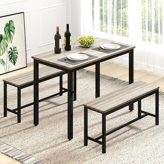 Rovibek Dining Table Set for 4 with 2 Benches – Space-Saving Kitchen Table Set for Kitchen & Dining Room, Grey