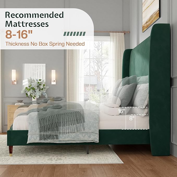 Jocisland Full Bed Frame 51.2" Wingback Headboard Velvet Upholstered Platform Bed,Solid Wood Legs & Wooden Slats,No Box Spring Needed,Noise-Free,for Teen Room Small Bedroom Cozy Home,Green