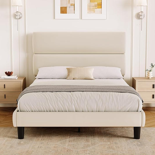 GRUSIGN Full Size Platform Bed Frame with Velvet Headboard, Adjustable Height Wooden Slats Support, Upholstered Mattress Foundation, Fits Mattress or Mattress with Box Spring, Easy Assembly, Beige