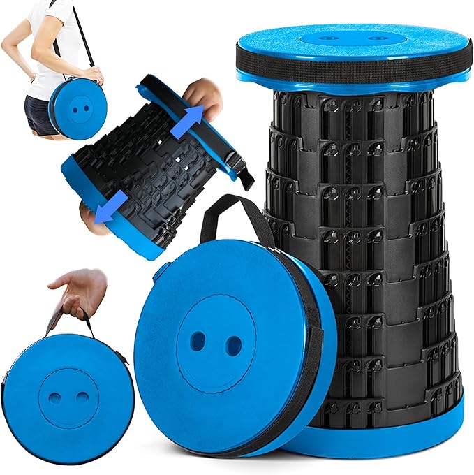 2-Pack Blue Upgraded Collapsible Stool, Max 620lbs Portable Folding Stool, Height Adjustable Retractable Telescopic Seat, Travel Chair, Foldable Camping Seat or Footrest, Gift