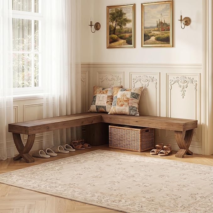 L Shaped Solid Wood Corner Bench, 55-Inch Farmhouse Table Bench with X-Shaped Leg, Backless Entryway Shoe Bench, for Dining Room, Hallway, Rustic Brown